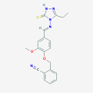 molecular formula C20H19N5O2S B298831 2-[(4-{[(3-ethyl-5-sulfanyl-4H-1,2,4-triazol-4-yl)imino]methyl}-2-methoxyphenoxy)methyl]benzonitrile 