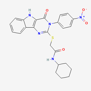 molecular formula C24H23N5O4S B2988319 N-cyclohexyl-2-((3-(4-nitrophenyl)-4-oxo-4,5-dihydro-3H-pyrimido[5,4-b]indol-2-yl)thio)acetamide CAS No. 536716-90-2