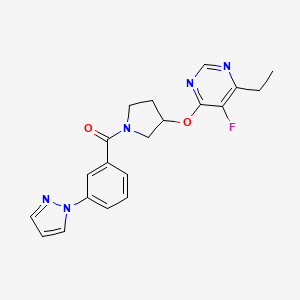 molecular formula C20H20FN5O2 B2988320 (3-(1H-pyrazol-1-yl)phenyl)(3-((6-ethyl-5-fluoropyrimidin-4-yl)oxy)pyrrolidin-1-yl)methanone CAS No. 2034319-65-6