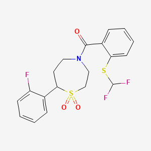 molecular formula C19H18F3NO3S2 B2988326 (2-((Difluoromethyl)thio)phenyl)(7-(2-fluorophenyl)-1,1-dioxido-1,4-thiazepan-4-yl)methanone CAS No. 2034458-41-6