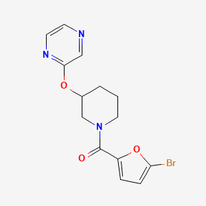 molecular formula C14H14BrN3O3 B2988335 (5-Bromofuran-2-yl)(3-(pyrazin-2-yloxy)piperidin-1-yl)methanone CAS No. 2034252-02-1