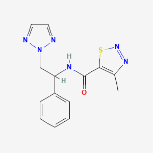 molecular formula C14H14N6OS B2988337 4-methyl-N-(1-phenyl-2-(2H-1,2,3-triazol-2-yl)ethyl)-1,2,3-thiadiazole-5-carboxamide CAS No. 2034404-48-1