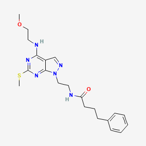 molecular formula C21H28N6O2S B2988350 N-(2-(4-((2-methoxyethyl)amino)-6-(methylthio)-1H-pyrazolo[3,4-d]pyrimidin-1-yl)ethyl)-4-phenylbutanamide CAS No. 954082-88-3