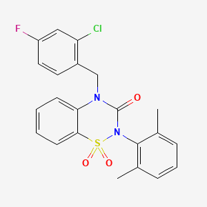 molecular formula C22H18ClFN2O3S B2988352 4-(2-chloro-4-fluorobenzyl)-2-(2,6-dimethylphenyl)-2H-benzo[e][1,2,4]thiadiazin-3(4H)-one 1,1-dioxide CAS No. 892358-97-3