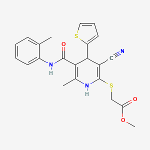 molecular formula C22H21N3O3S2 B2988358 Methyl ({3-cyano-6-methyl-5-[(2-methylphenyl)carbamoyl]-4-(thiophen-2-yl)-1,4-dihydropyridin-2-yl}sulfanyl)acetate CAS No. 277756-63-5