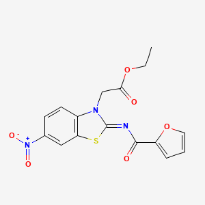 molecular formula C16H13N3O6S B2988390 2-[2-(呋喃-2-甲酰亚氨基)-6-硝基-1,3-苯并噻唑-3-基]乙酸乙酯 CAS No. 865247-23-0