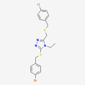 molecular formula C19H19BrClN3S2 B2988420 3-((4-Bromobenzyl)sulfanyl)-5-(((4-chlorobenzyl)sulfanyl)methyl)-4-ethyl-4H-1,2,4-triazole CAS No. 344268-63-9