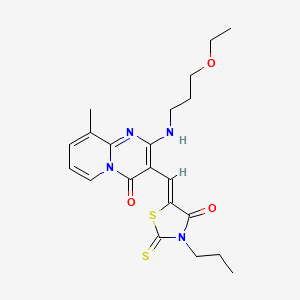 molecular formula C21H26N4O3S2 B2988513 (Z)-5-((2-((3-ethoxypropyl)amino)-9-methyl-4-oxo-4H-pyrido[1,2-a]pyrimidin-3-yl)methylene)-3-propyl-2-thioxothiazolidin-4-one CAS No. 1164473-99-7