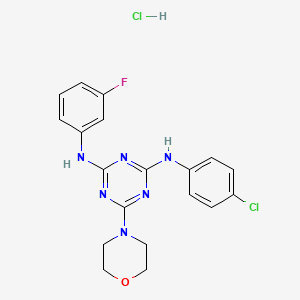 molecular formula C19H19Cl2FN6O B2988546 N2-(4-chlorophenyl)-N4-(3-fluorophenyl)-6-morpholino-1,3,5-triazine-2,4-diamine hydrochloride CAS No. 1179457-83-0