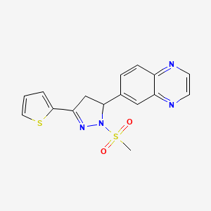 molecular formula C16H14N4O2S2 B2988569 6-(1-(methylsulfonyl)-3-(thiophen-2-yl)-4,5-dihydro-1H-pyrazol-5-yl)quinoxaline CAS No. 941905-37-9