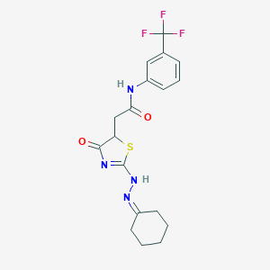 molecular formula C18H19F3N4O2S B298859 2-[2-(2-cyclohexylidenehydrazinyl)-4-oxo-1,3-thiazol-5-yl]-N-[3-(trifluoromethyl)phenyl]acetamide 