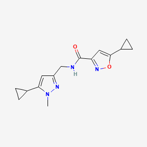 molecular formula C15H18N4O2 B2988595 5-cyclopropyl-N-((5-cyclopropyl-1-methyl-1H-pyrazol-3-yl)methyl)isoxazole-3-carboxamide CAS No. 1448136-33-1
