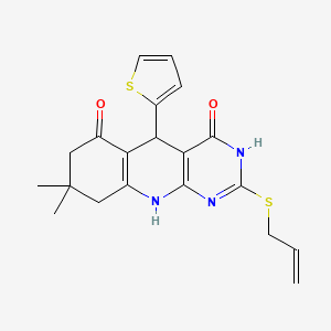 molecular formula C20H21N3O2S2 B2988623 2-(allylthio)-8,8-dimethyl-5-(thiophen-2-yl)-7,8,9,10-tetrahydropyrimido[4,5-b]quinoline-4,6(3H,5H)-dione CAS No. 627048-04-8