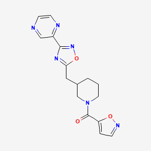 molecular formula C16H16N6O3 B2988664 Isoxazol-5-yl(3-((3-(pyrazin-2-yl)-1,2,4-oxadiazol-5-yl)methyl)piperidin-1-yl)methanone CAS No. 1705365-56-5