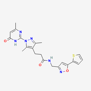 molecular formula C21H22N6O3S B2988679 3-(3,5-dimethyl-1-(4-methyl-6-oxo-1,6-dihydropyrimidin-2-yl)-1H-pyrazol-4-yl)-N-((5-(thiophen-2-yl)isoxazol-3-yl)methyl)propanamide CAS No. 1171658-80-2