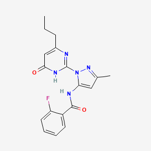 molecular formula C18H18FN5O2 B2988740 2-fluoro-N-[5-methyl-2-(6-oxo-4-propyl-1H-pyrimidin-2-yl)pyrazol-3-yl]benzamide CAS No. 1002931-57-8