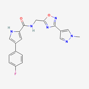 molecular formula C18H15FN6O2 B2988760 4-(4-fluorophenyl)-N-((3-(1-methyl-1H-pyrazol-4-yl)-1,2,4-oxadiazol-5-yl)methyl)-1H-pyrrole-2-carboxamide CAS No. 2034533-62-3