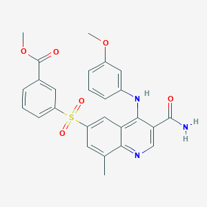 molecular formula C26H23N3O6S B2988763 3-(3-氨基甲酰基-4-(3-甲氧基苯基氨基)-8-甲基喹啉-6-磺酰基)苯甲酸甲酯 CAS No. 801311-24-0