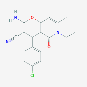 molecular formula C18H16ClN3O2 B2988823 2-amino-4-(4-chlorophenyl)-6-ethyl-7-methyl-5-oxo-5,6-dihydro-4H-pyrano[3,2-c]pyridine-3-carbonitrile CAS No. 880794-93-4