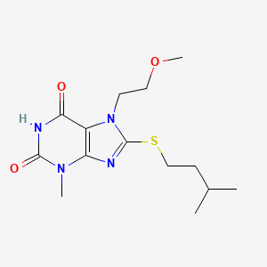 molecular formula C14H22N4O3S B2988837 8-(isopentylthio)-7-(2-methoxyethyl)-3-methyl-1H-purine-2,6(3H,7H)-dione CAS No. 333768-92-6