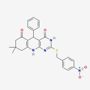 molecular formula C26H24N4O4S B2988860 8,8-dimethyl-2-((4-nitrobenzyl)thio)-5-phenyl-7,8,9,10-tetrahydropyrimido[4,5-b]quinoline-4,6(3H,5H)-dione CAS No. 537044-71-6
