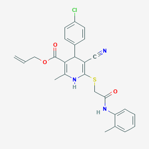 molecular formula C26H24ClN3O3S B2988965 Allyl 4-(4-chlorophenyl)-5-cyano-2-methyl-6-((2-oxo-2-(o-tolylamino)ethyl)thio)-1,4-dihydropyridine-3-carboxylate CAS No. 442556-52-7