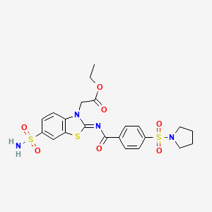 molecular formula C22H24N4O7S3 B2988980 (Z)-ethyl 2-(2-((4-(pyrrolidin-1-ylsulfonyl)benzoyl)imino)-6-sulfamoylbenzo[d]thiazol-3(2H)-yl)acetate CAS No. 865247-70-7