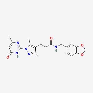 molecular formula C21H23N5O4 B2988982 N-(benzo[d][1,3]dioxol-5-ylmethyl)-3-(3,5-dimethyl-1-(4-methyl-6-oxo-1,6-dihydropyrimidin-2-yl)-1H-pyrazol-4-yl)propanamide CAS No. 1170610-30-6