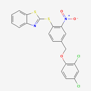 molecular formula C20H12Cl2N2O3S2 B2988996 2-({4-[(2,4-Dichlorophenoxy)methyl]-2-nitrophenyl}sulfanyl)-1,3-benzothiazole CAS No. 477869-58-2