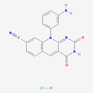 molecular formula C18H12ClN5O2 B2989011 10-(3-氨基苯基)-2,4-二氧代吡咪多[4,5-b]喹啉-8-碳腈;盐酸盐 CAS No. 2490418-78-3