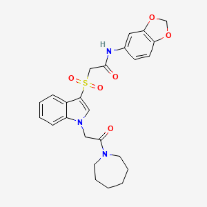 molecular formula C25H27N3O6S B2989118 2-((1-(2-(azepan-1-yl)-2-oxoethyl)-1H-indol-3-yl)sulfonyl)-N-(benzo[d][1,3]dioxol-5-yl)acetamide CAS No. 878059-47-3