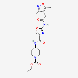 molecular formula C19H25N5O6 B2989141 Ethyl 4-(2-(2-(3,5-dimethylisoxazol-4-yl)acetamido)oxazole-4-carboxamido)piperidine-1-carboxylate CAS No. 1797536-19-6