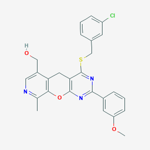 molecular formula C26H22ClN3O3S B2989164 (7-{[(3-Chlorophenyl)methyl]sulfanyl}-5-(3-methoxyphenyl)-14-methyl-2-oxa-4,6,13-triazatricyclo[8.4.0.0^{3,8}]tetradeca-1(10),3(8),4,6,11,13-hexaen-11-yl)methanol CAS No. 892418-48-3
