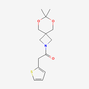 molecular formula C14H19NO3S B2989202 1-(7,7-二甲基-6,8-二氧杂-2-氮杂螺[3.5]壬烷-2-基)-2-(噻吩-2-基)乙酮 CAS No. 1396684-76-6