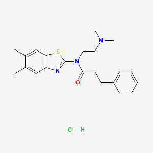 molecular formula C22H28ClN3OS B2989207 N-(2-(dimethylamino)ethyl)-N-(5,6-dimethylbenzo[d]thiazol-2-yl)-3-phenylpropanamide hydrochloride CAS No. 1216781-08-6