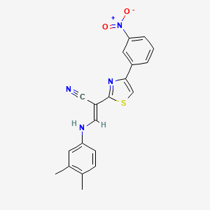 molecular formula C20H16N4O2S B2989209 (E)-3-((3,4-dimethylphenyl)amino)-2-(4-(3-nitrophenyl)thiazol-2-yl)acrylonitrile CAS No. 373374-72-2