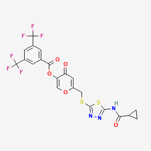 molecular formula C21H13F6N3O5S2 B2989250 6-(((5-(cyclopropanecarboxamido)-1,3,4-thiadiazol-2-yl)thio)methyl)-4-oxo-4H-pyran-3-yl 3,5-bis(trifluoromethyl)benzoate CAS No. 877651-55-3