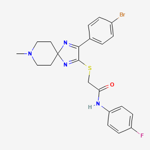 molecular formula C22H22BrFN4OS B2989276 2-((3-(4-溴苯基)-8-甲基-1,4,8-三氮杂螺[4.5]癸-1,3-二烯-2-基)硫代)-N-(4-氟苯基)乙酰胺 CAS No. 1189886-40-5