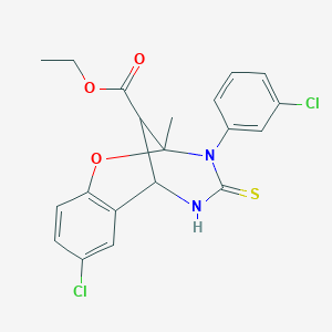 molecular formula C20H18Cl2N2O3S B2989288 ethyl 8-chloro-3-(3-chlorophenyl)-2-methyl-4-thioxo-3,4,5,6-tetrahydro-2H-2,6-methano-1,3,5-benzoxadiazocine-11-carboxylate CAS No. 1024235-93-5