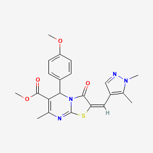 molecular formula C22H22N4O4S B2989317 (E)-methyl 2-((1,5-dimethyl-1H-pyrazol-4-yl)methylene)-5-(4-methoxyphenyl)-7-methyl-3-oxo-3,5-dihydro-2H-thiazolo[3,2-a]pyrimidine-6-carboxylate CAS No. 492425-87-3