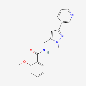 molecular formula C18H18N4O2 B2989337 2-methoxy-N-((1-methyl-3-(pyridin-3-yl)-1H-pyrazol-5-yl)methyl)benzamide CAS No. 2034325-62-5
