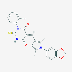 molecular formula C24H18FN3O4S B298940 5-{[1-(1,3-benzodioxol-5-yl)-2,5-dimethyl-1H-pyrrol-3-yl]methylene}-1-(2-fluorophenyl)-2-thioxodihydro-4,6(1H,5H)-pyrimidinedione 