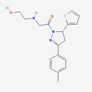 molecular formula C18H21N3O2S B2989423 2-((2-羟乙基)氨基)-1-(5-(噻吩-2-基)-3-(对甲苯基)-4,5-二氢-1H-吡唑-1-基)乙酮 CAS No. 868213-35-8