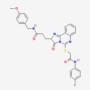 molecular formula C29H26FN5O4S B2989521 3-[5-({[(4-fluorophenyl)carbamoyl]methyl}sulfanyl)-3-oxo-2H,3H-imidazo[1,2-c]quinazolin-2-yl]-N-[(4-methoxyphenyl)methyl]propanamide CAS No. 1043868-14-9