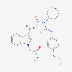 molecular formula C28H30N4O3S B298953 2-[3-({3-cyclohexyl-2-[(4-ethoxyphenyl)imino]-4-oxo-1,3-thiazolidin-5-ylidene}methyl)-1H-indol-1-yl]acetamide 