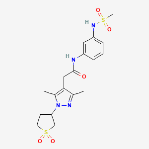 molecular formula C18H24N4O5S2 B2989539 2-(1-(1,1-dioxidotetrahydrothiophen-3-yl)-3,5-dimethyl-1H-pyrazol-4-yl)-N-(3-(methylsulfonamido)phenyl)acetamide CAS No. 1206985-42-3
