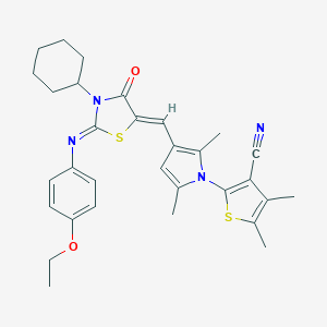 molecular formula C31H34N4O2S2 B298954 2-[3-({3-cyclohexyl-2-[(4-ethoxyphenyl)imino]-4-oxo-1,3-thiazolidin-5-ylidene}methyl)-2,5-dimethyl-1H-pyrrol-1-yl]-4,5-dimethyl-3-thiophenecarbonitrile 