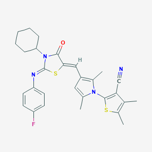 molecular formula C29H29FN4OS2 B298959 2-[3-({3-cyclohexyl-2-[(4-fluorophenyl)imino]-4-oxo-1,3-thiazolidin-5-ylidene}methyl)-2,5-dimethyl-1H-pyrrol-1-yl]-4,5-dimethyl-3-thiophenecarbonitrile 