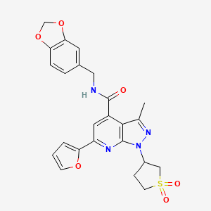 molecular formula C24H22N4O6S B2989592 N-(benzo[d][1,3]dioxol-5-ylmethyl)-1-(1,1-dioxidotetrahydrothiophen-3-yl)-6-(furan-2-yl)-3-methyl-1H-pyrazolo[3,4-b]pyridine-4-carboxamide CAS No. 1021251-02-4