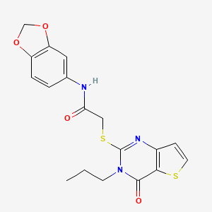 molecular formula C18H17N3O4S2 B2989650 N-(1,3-benzodioxol-5-yl)-2-[(4-oxo-3-propyl-3,4-dihydrothieno[3,2-d]pyrimidin-2-yl)sulfanyl]acetamide CAS No. 1261018-23-8